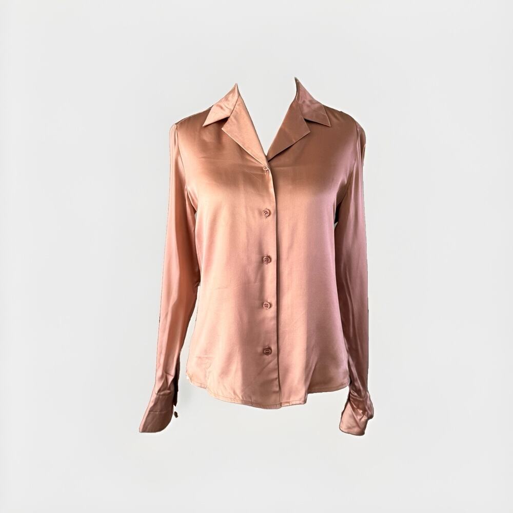 Vintage 100% Silk Liquid Satin Blouse Mauve Petite 4 Button Front Collared Top
